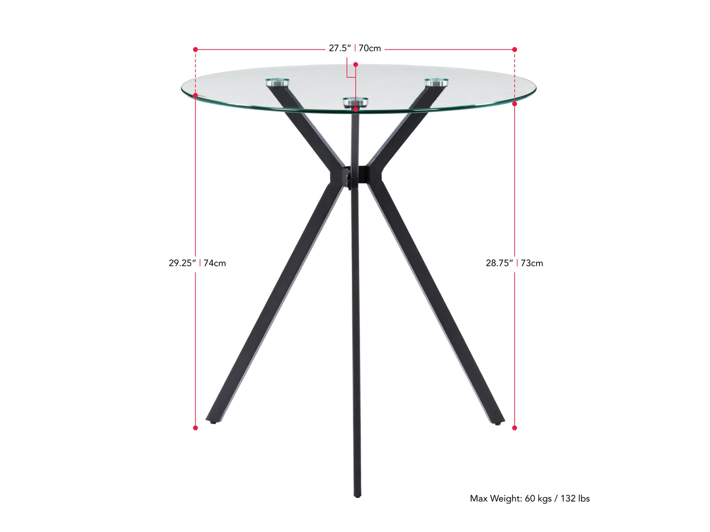 Modern glass bistro dining table with round clear glass top, sleek white metal tripod base, minimalist design, perfect for contemporary kitchens or small dining spaces.