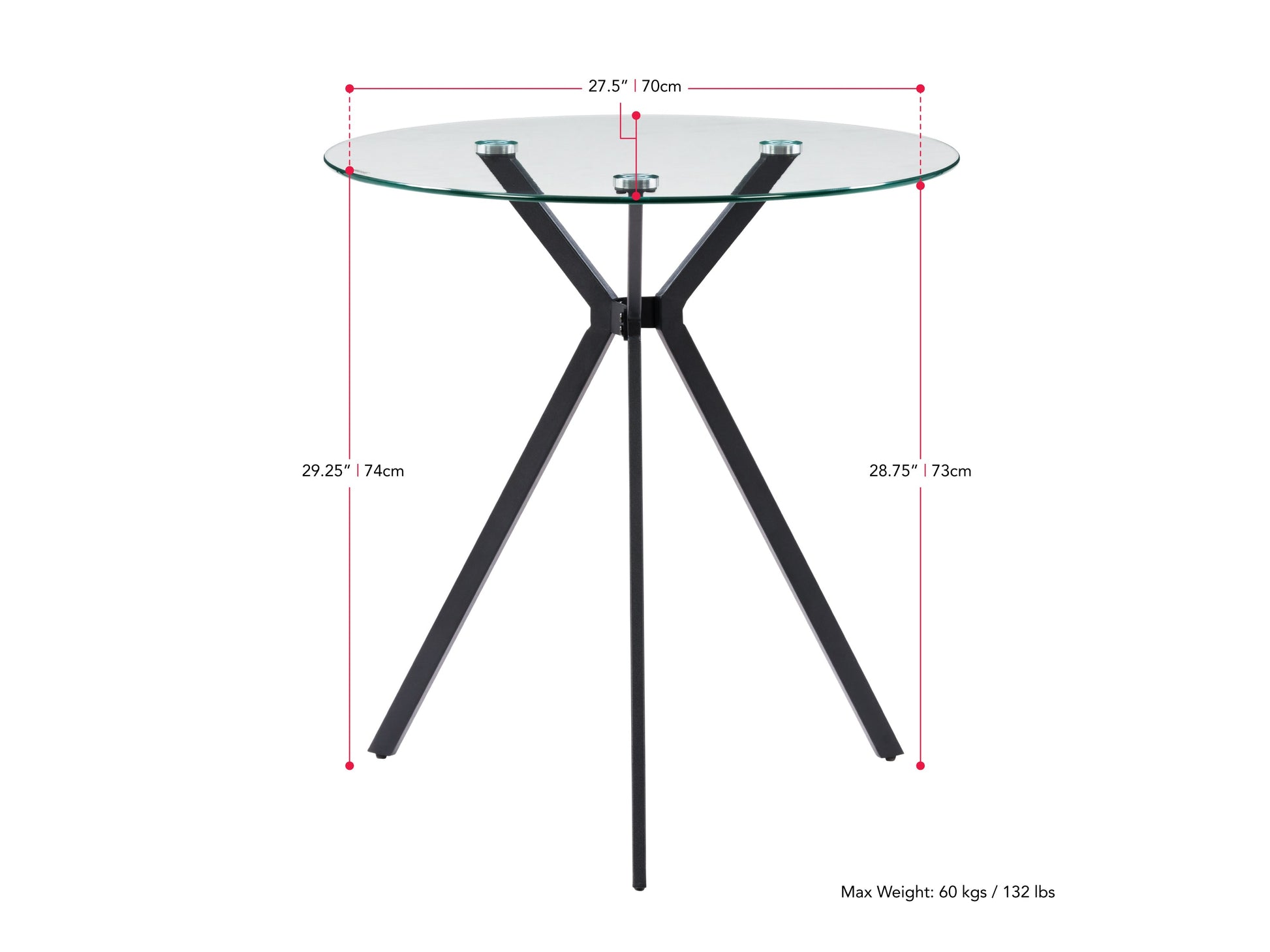 Modern glass bistro dining table with round clear glass top, sleek white metal tripod base, minimalist design, perfect for contemporary kitchens or small dining spaces.
