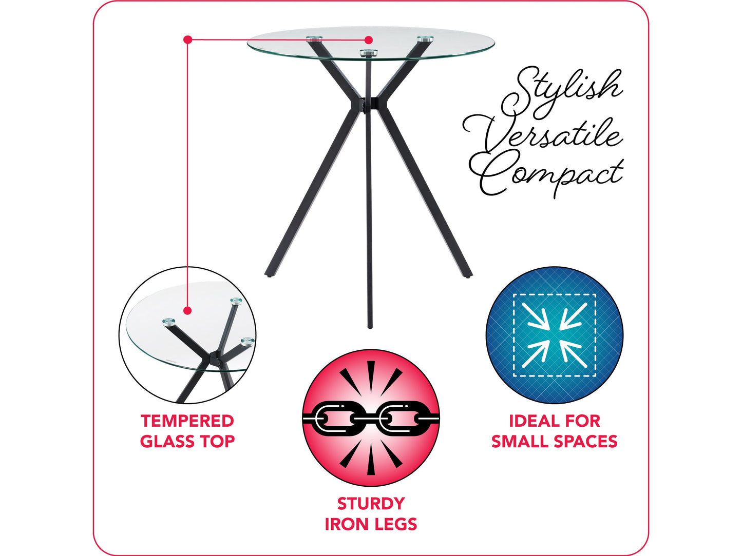 Modern round glass bistro table with sleek metal legs, clear glass top, and minimalist design, perfect for contemporary dining spaces.