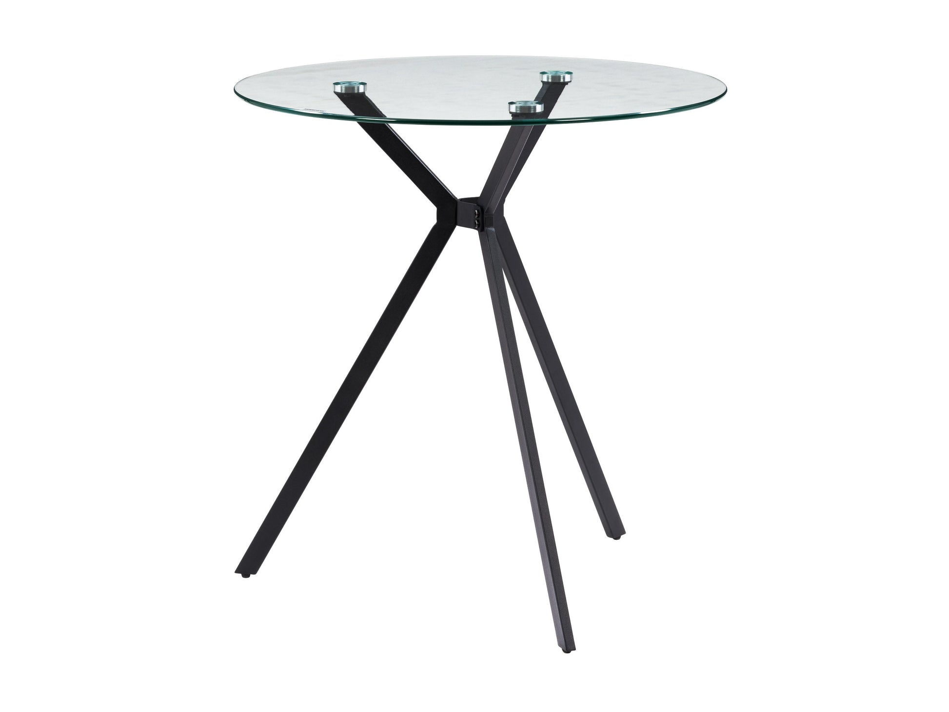 Modern glass bistro dining table with round clear glass top, sleek black metal base, and minimalist design perfect for contemporary kitchens and dining rooms.
