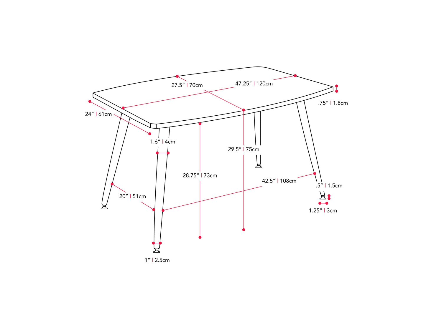 brown Dining Table for Small Spaces Thea Collection measurements diagram by CorLiving#color_brown