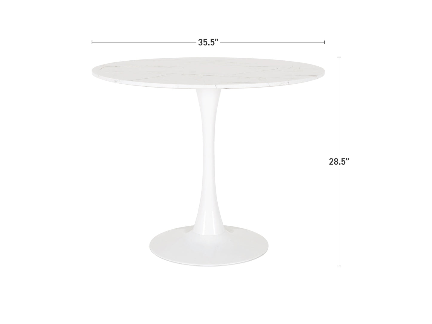 Round marbled bistro table with white and grey veining, 35-inch diameter, sleek black metal pedestal base, modern minimalist design, perfect for small dining spaces or cafes.