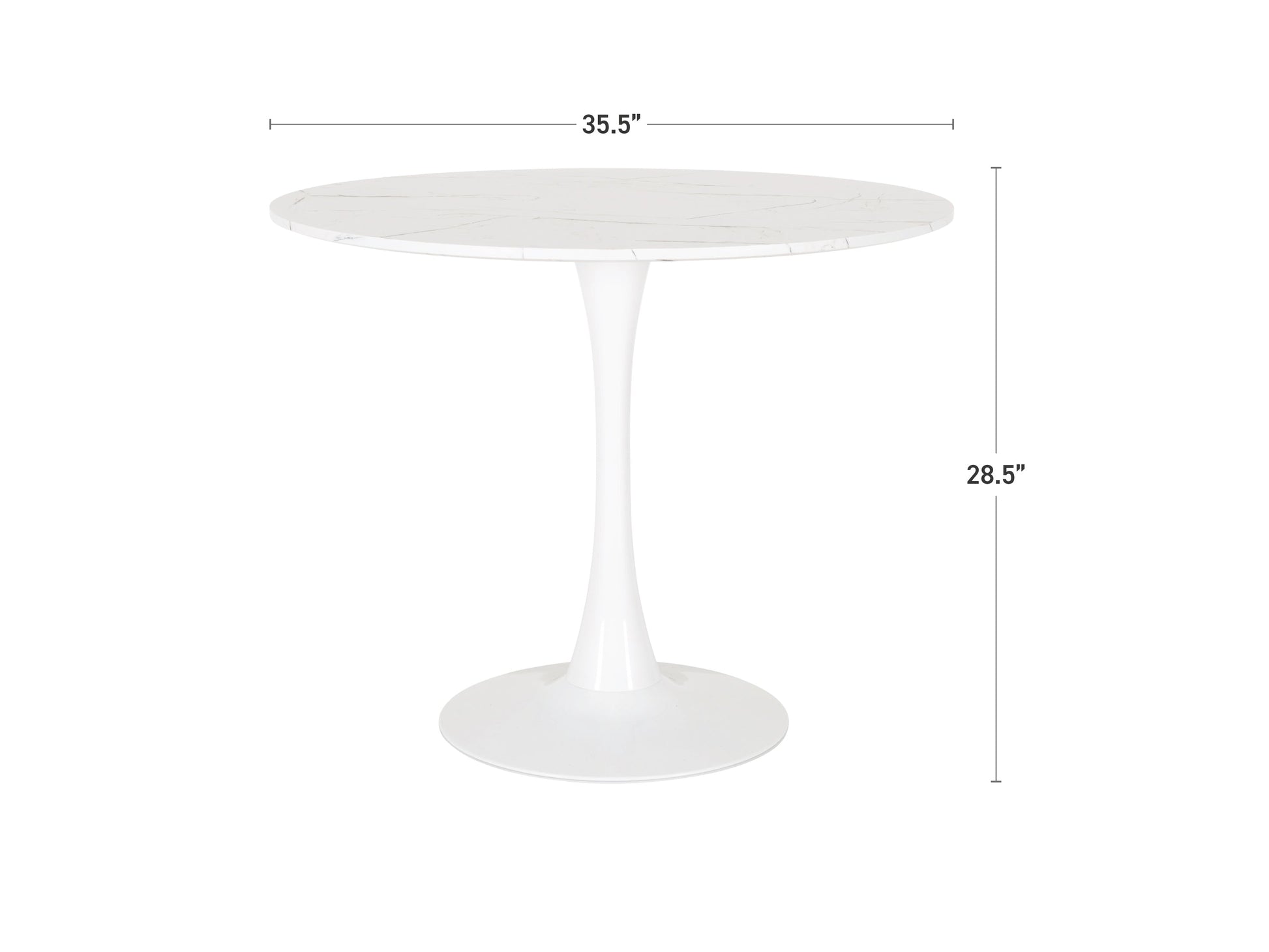Round marbled bistro table with white and grey veining, 35-inch diameter, sleek black metal pedestal base, modern minimalist design, perfect for small dining spaces or cafes.