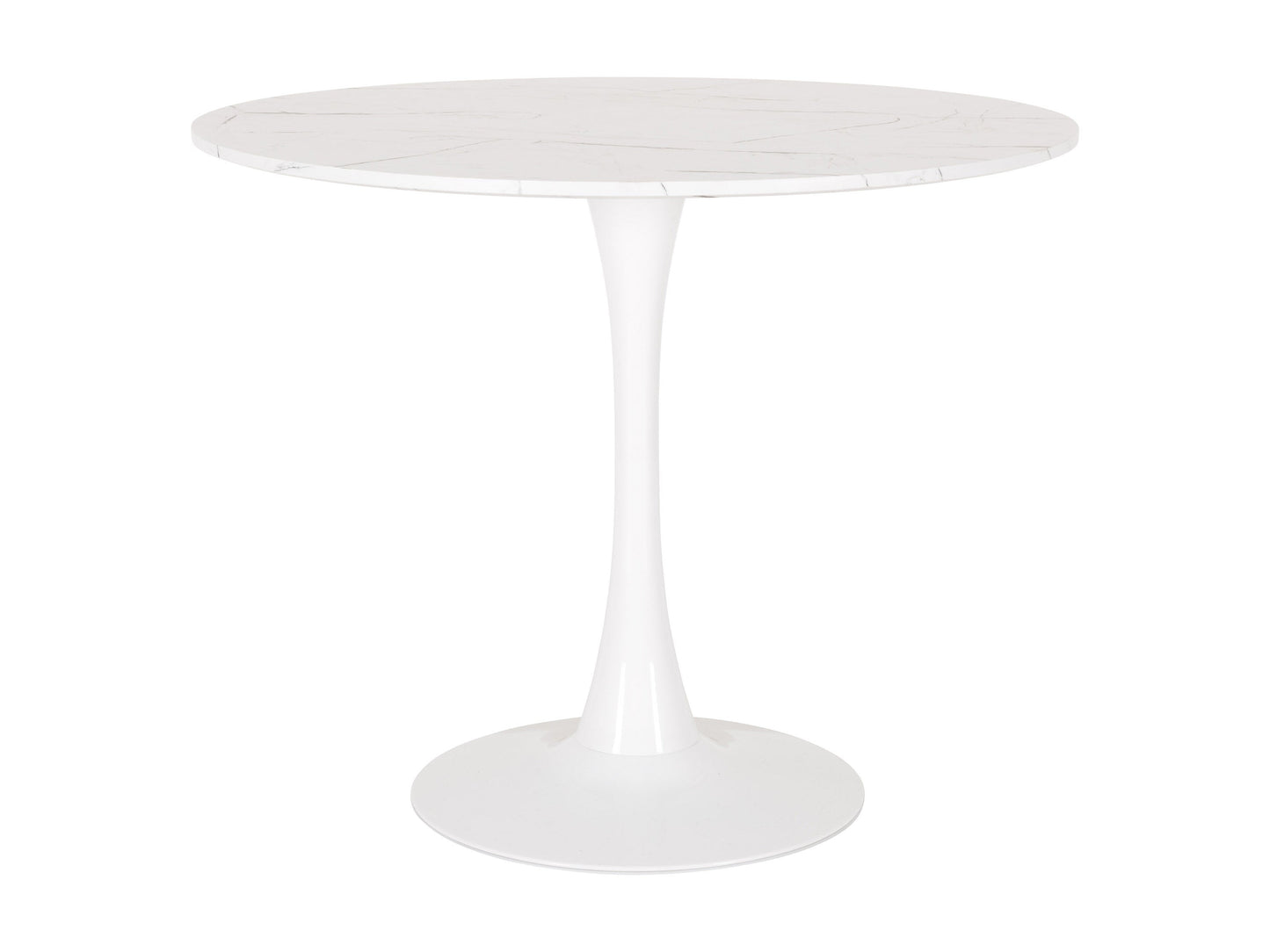 Round marbled bistro table with white and gray veining, 35-inch diameter, featuring a sleek metal pedestal base and contemporary design, perfect for small dining spaces or stylish cafes.
