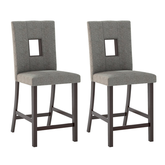 Gray upholstered counter height dining chairs with tufted backs, wooden legs, and footrests, set of 2.