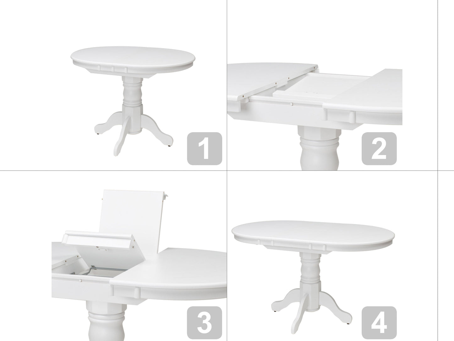 White extendable oval dining table with sleek, modern design, featuring a smooth white finish, sturdy wooden legs, and an easy-to-use extension mechanism for versatile dining space.