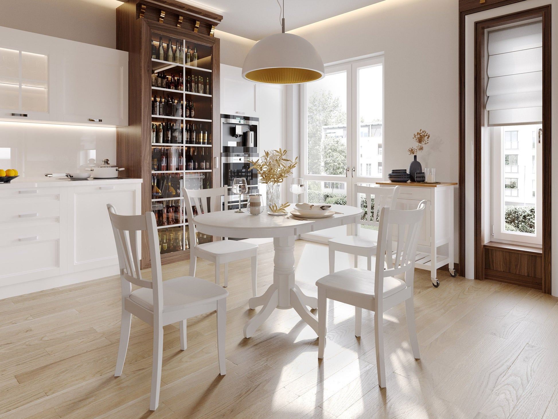 White extendable oval dining table with sleek, modern design, featuring a smooth white finish, sturdy wooden legs, and an easy-to-use extension mechanism for versatile dining space.