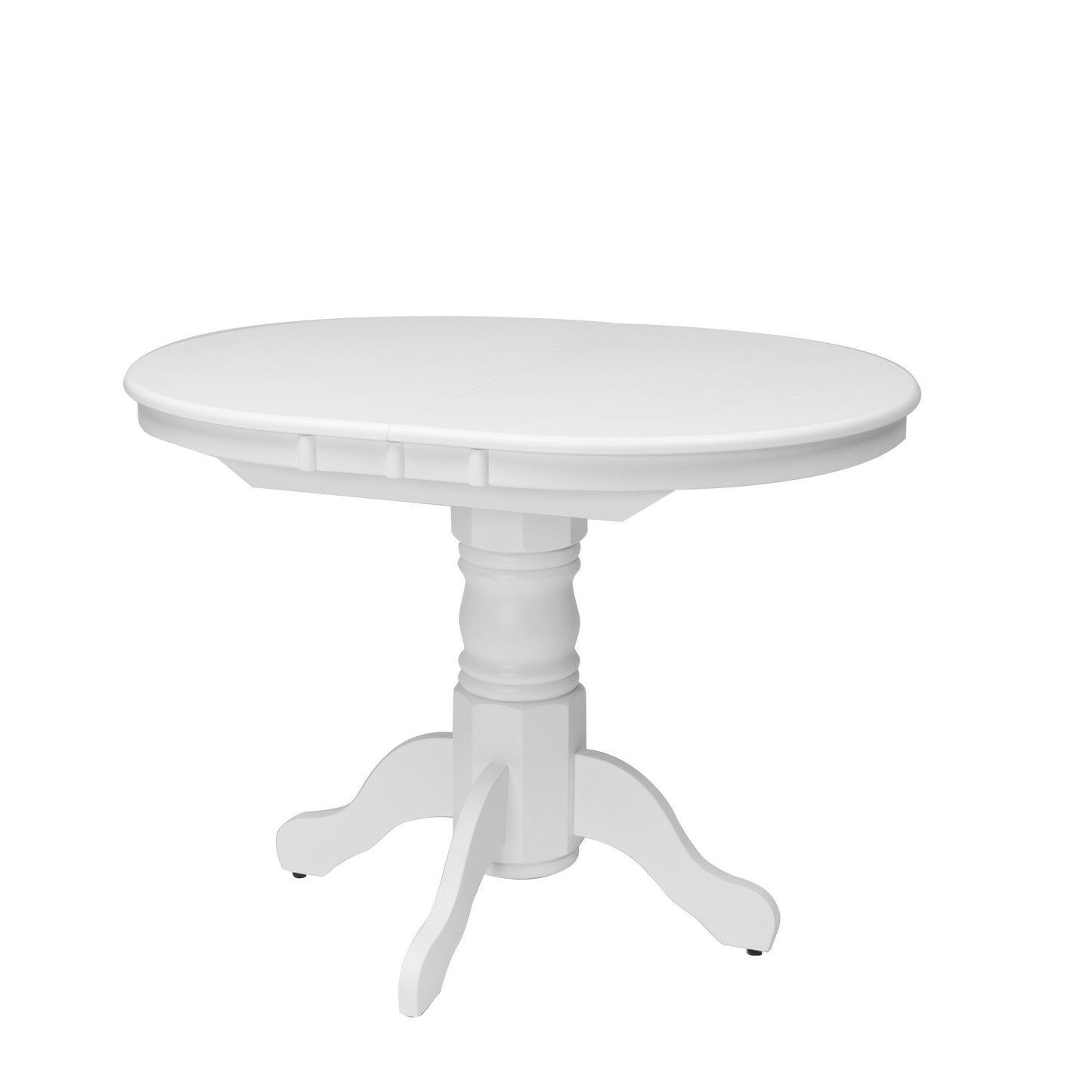 White extendable oval dining table with sleek, modern design, featuring a smooth white finish, sturdy wooden legs, and an easy-to-use extension mechanism for versatile dining space.
