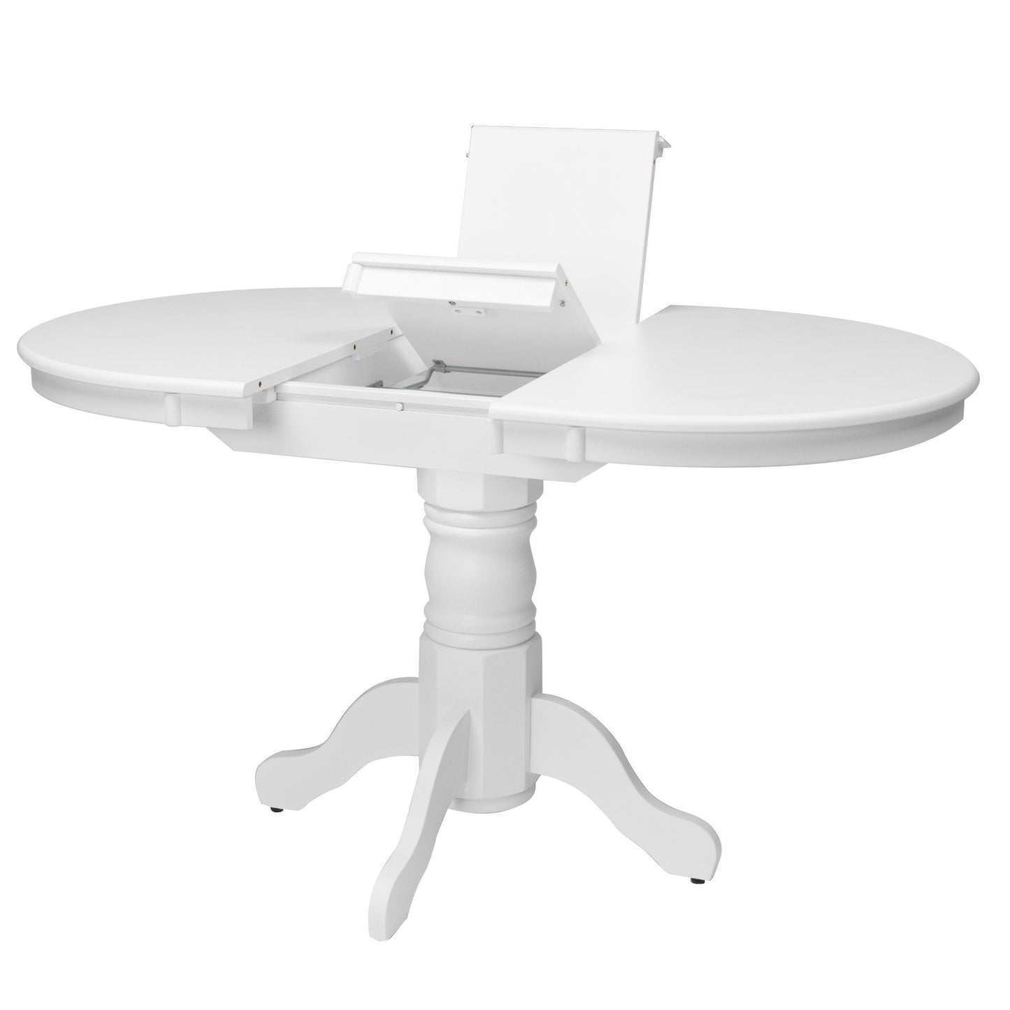 White extendable oval dining table with sleek, modern design, featuring a smooth white finish, sturdy wooden legs, and an easy-to-use extension mechanism for versatile dining space.