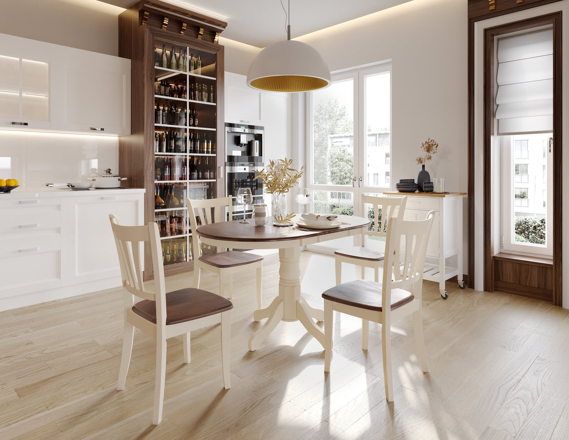 Extendable oval dining set with black metal frame, wood tabletop, and four matching chairs with cushioned seats and mesh backs, ideal for modern dining rooms or kitchens.