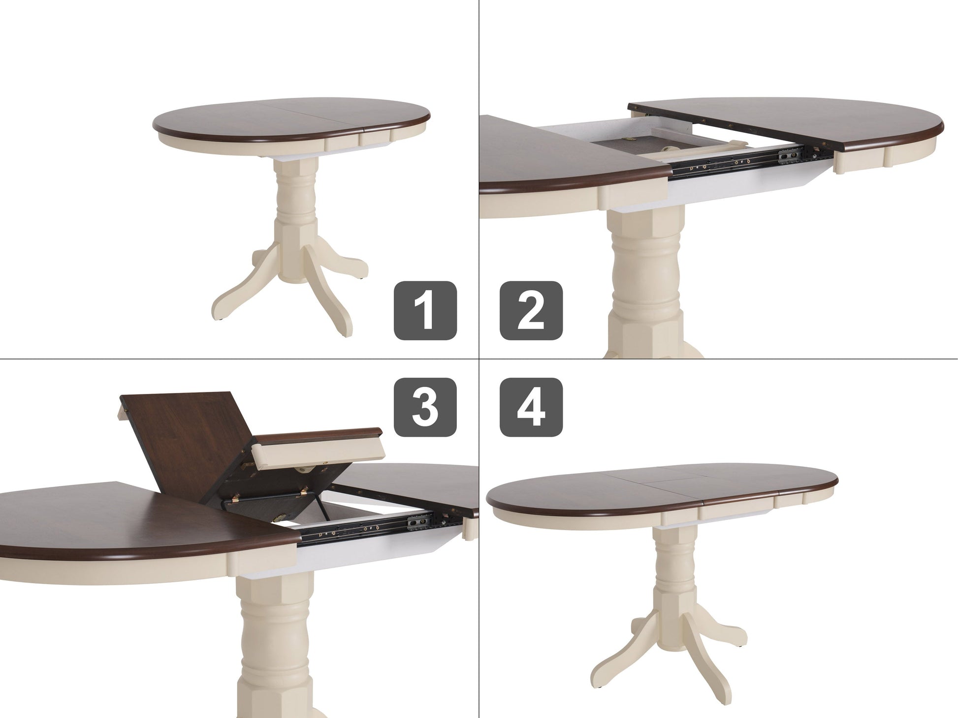 Extendable oval dining table with dark brown wood top and cream-colored legs, featuring a smooth finish and elegant design. Ideal for modern dining rooms, seats up to eight people comfortably.