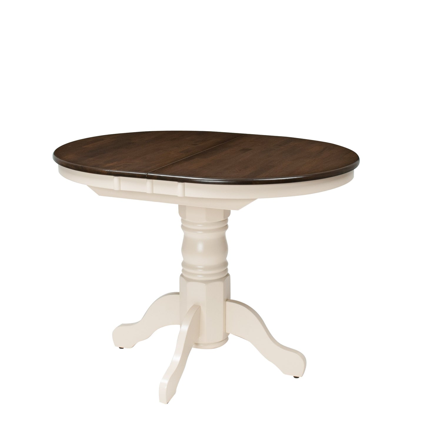 Extendable oval dining table with dark brown wood top and cream-colored legs, featuring a smooth finish and elegant design. Ideal for modern dining rooms, seats up to eight people comfortably.