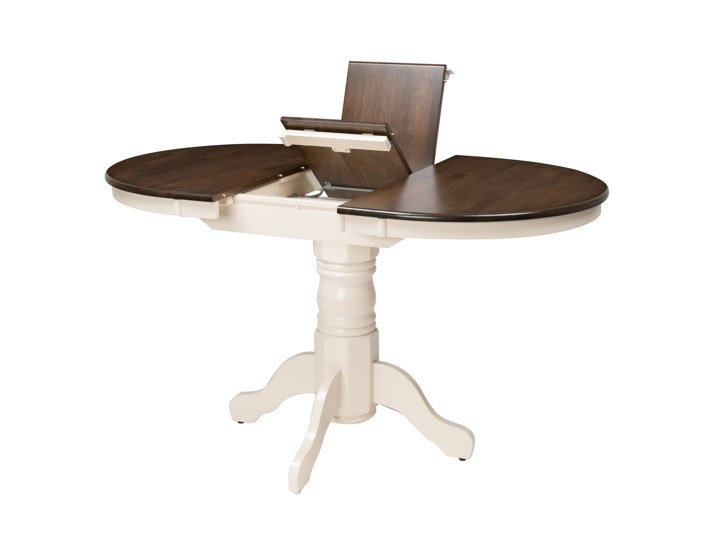 Extendable oval dining table with dark brown wood top and cream-colored legs, featuring a smooth finish and elegant design. Ideal for modern dining rooms, seats up to eight people comfortably.