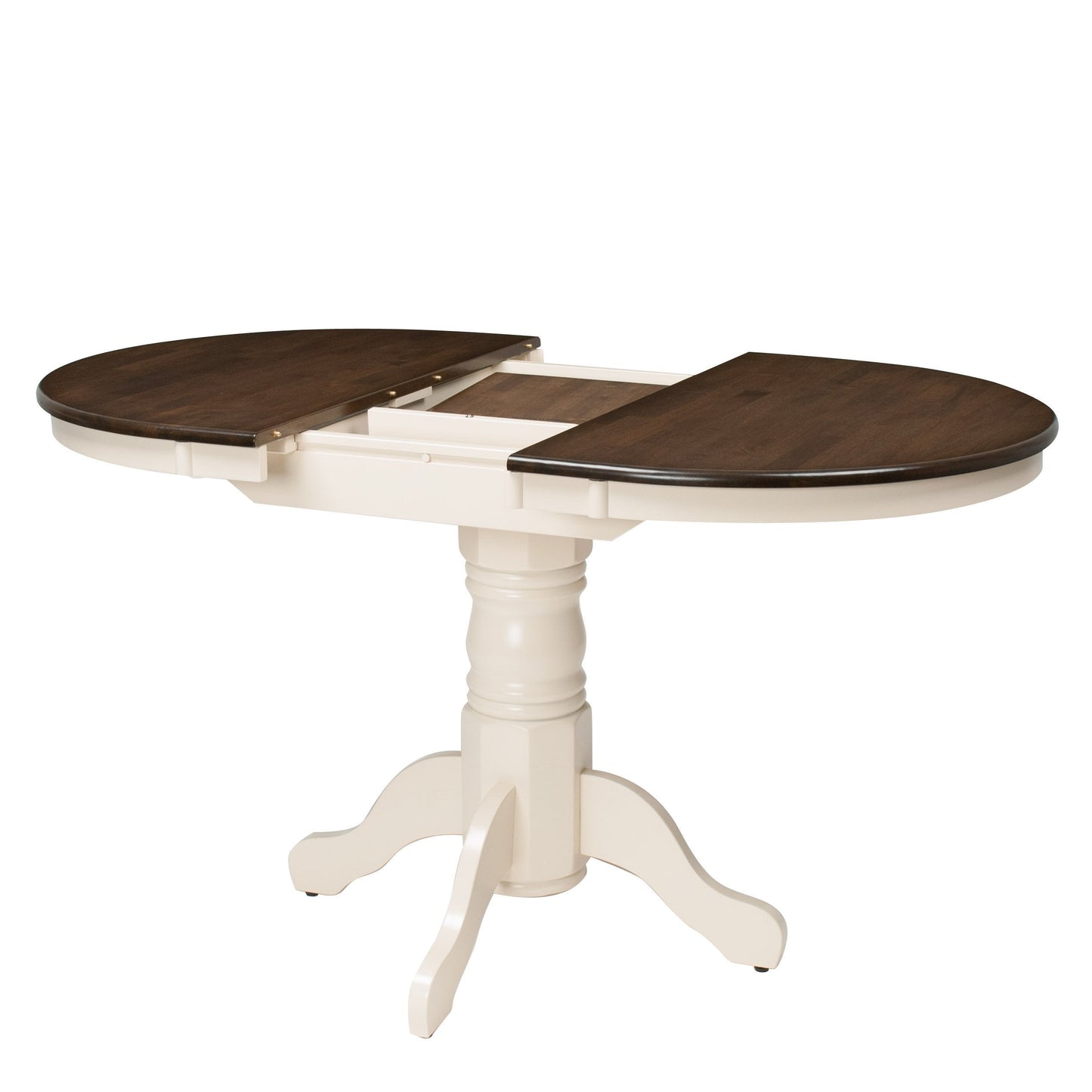 Extendable oval dining table with dark brown wood top and cream-colored legs, featuring a smooth finish and elegant design. Ideal for modern dining rooms, seats up to eight people comfortably.