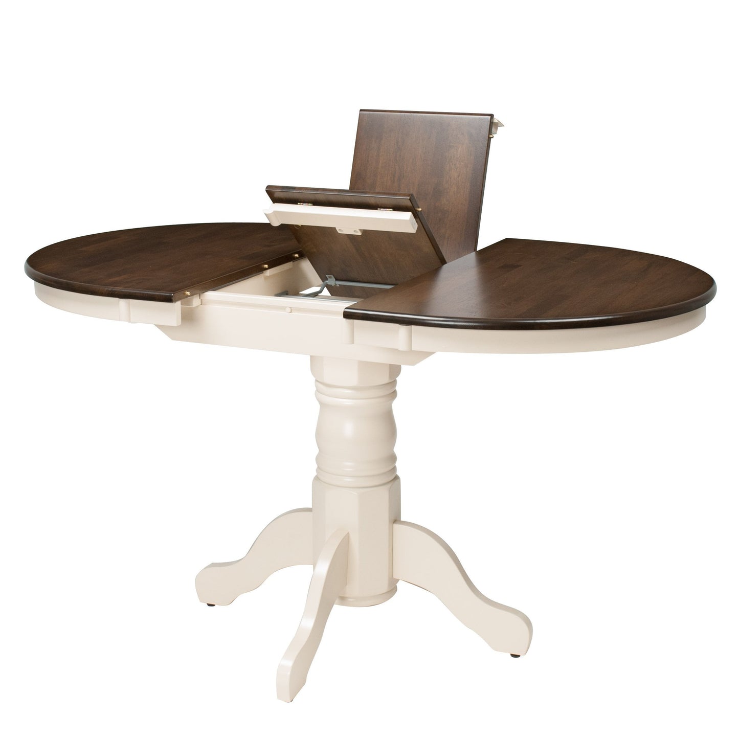 Extendable oval dining table with dark brown wood top and cream-colored legs, featuring a smooth finish and elegant design. Ideal for modern dining rooms, seats up to eight people comfortably.