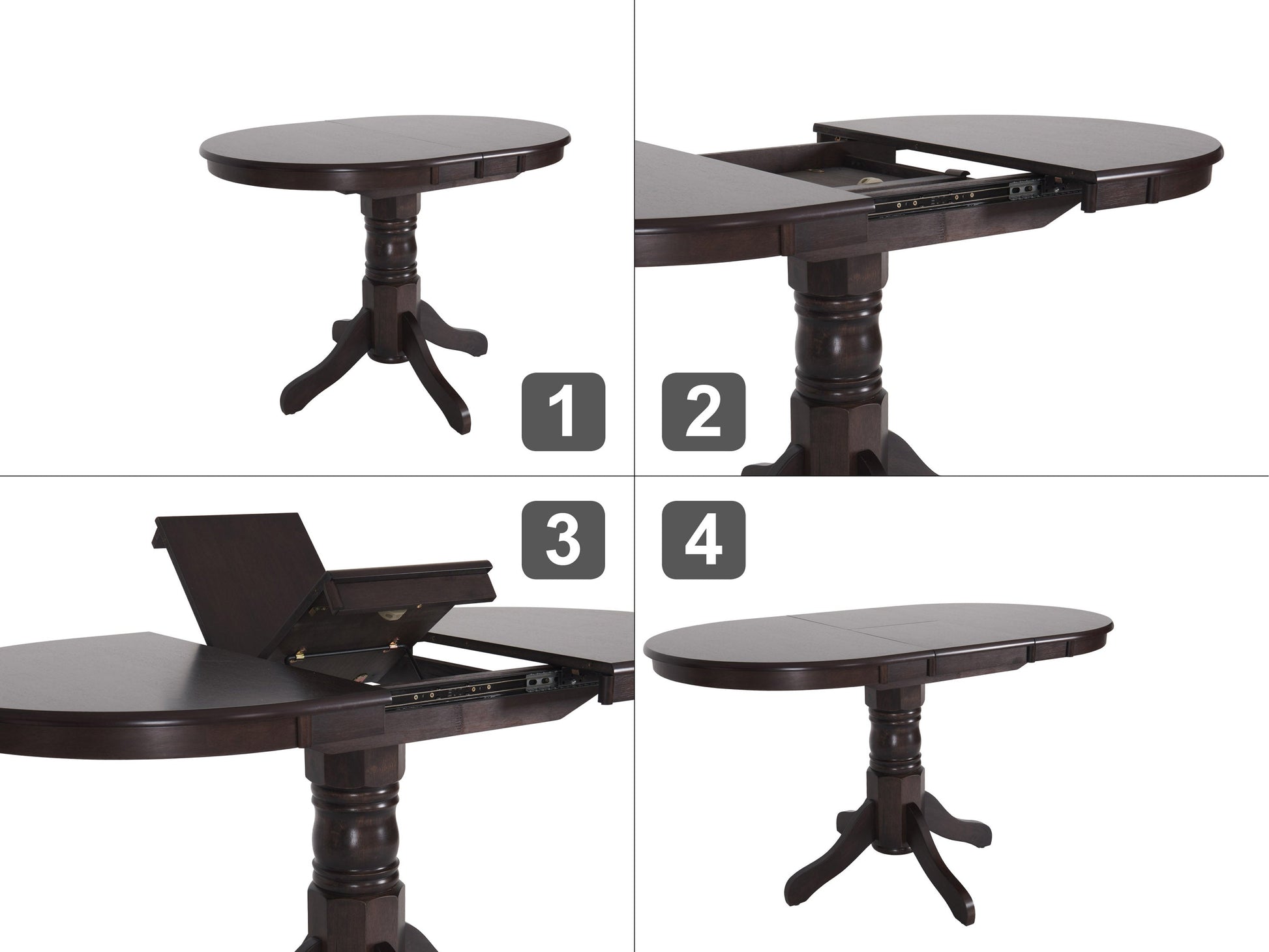 Extendable oval dining table in rich espresso finish with smooth wooden surface, elegant tapered legs, and hidden extension leaf for extra seating. Ideal for modern dining rooms and family gatherings.