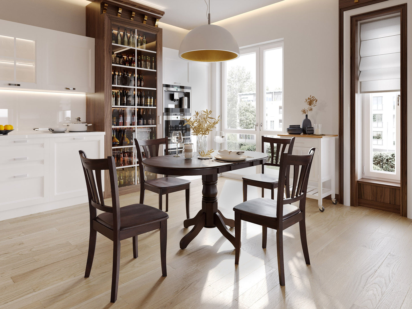 Extendable oval dining table in rich espresso finish with smooth wooden surface, elegant tapered legs, and hidden extension leaf for extra seating. Ideal for modern dining rooms and family gatherings.