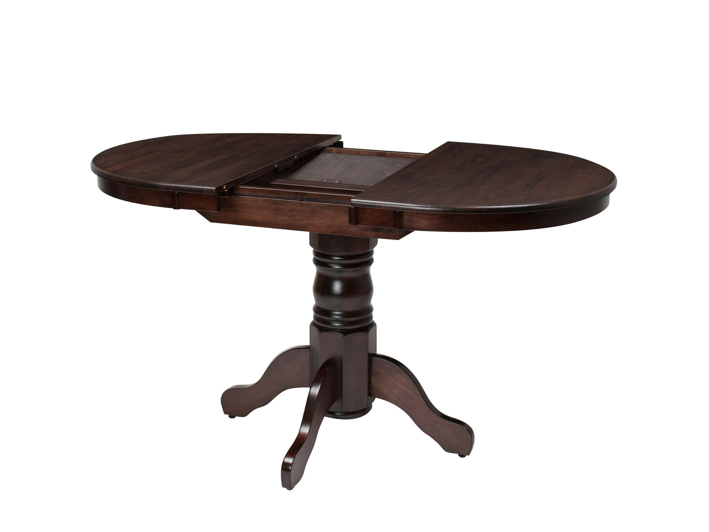 Extendable oval dining table in rich espresso finish with smooth wooden surface, elegant tapered legs, and hidden extension leaf for extra seating. Ideal for modern dining rooms and family gatherings.