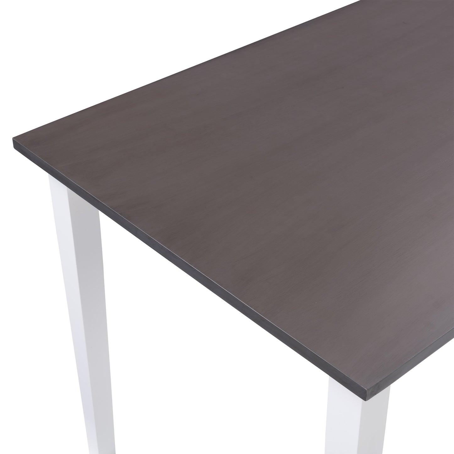 Grey and white dining table with sleek rectangular top, sturdy wooden legs, and minimalist design; perfect for modern kitchens or dining rooms.