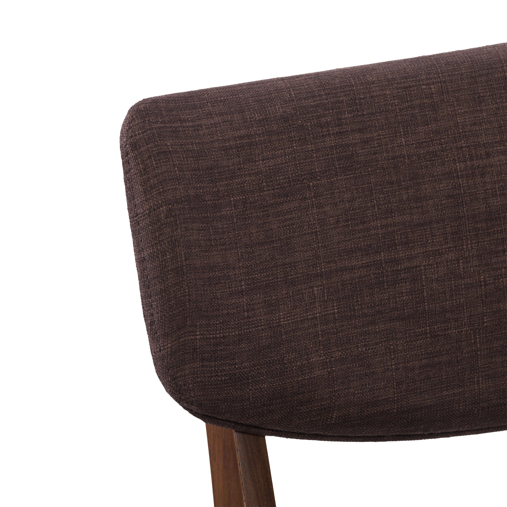 Set of 2 walnut dining chairs with curved backs, cushioned seats in light beige fabric, and sleek wooden legs. Ideal for modern dining rooms, these chairs blend contemporary design with comfort and durability.