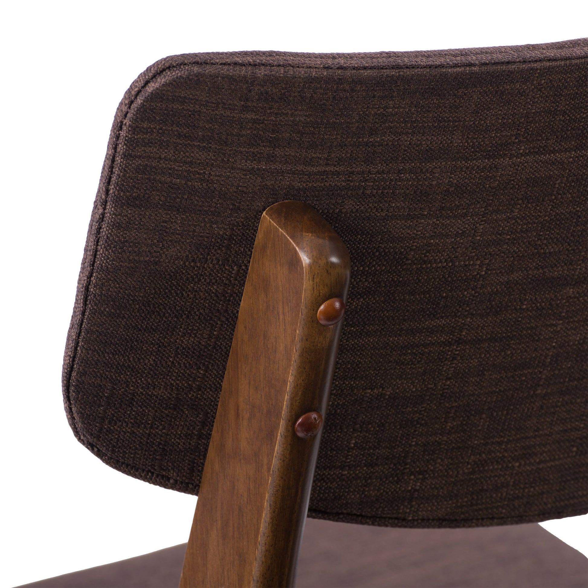 Set of 2 walnut dining chairs with curved wooden backrests, black faux leather cushioned seats, and sleek tapered legs. Ideal for modern dining rooms, offering comfort and style.