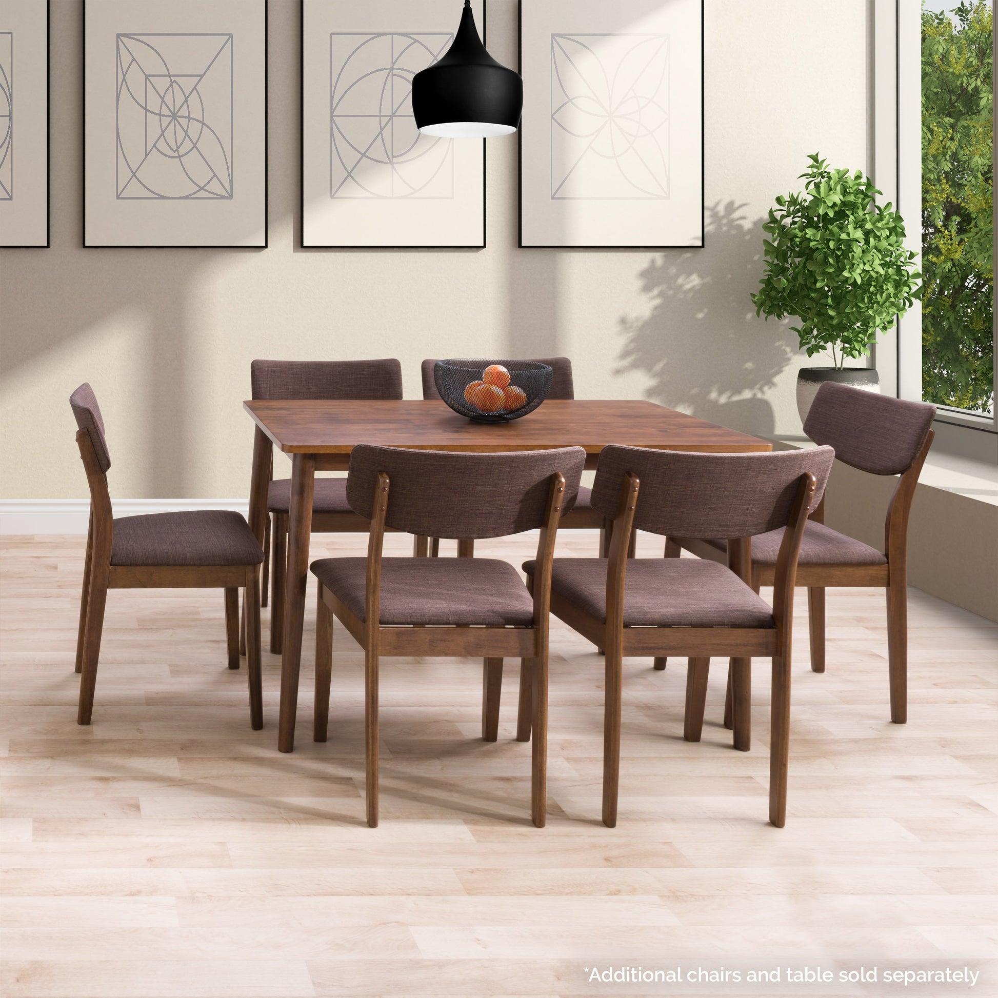 Set of two walnut dining chairs with cushioned beige seats, sleek wooden frames, and mid-century modern design, perfect for contemporary dining rooms or kitchens.