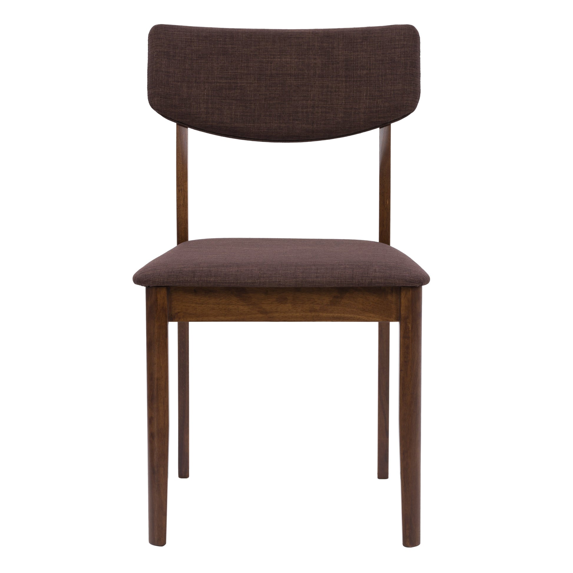 Set of two walnut dining chairs with mid-century modern design, featuring sleek wooden frames, upholstered seats, and curved backrests for comfort and style.