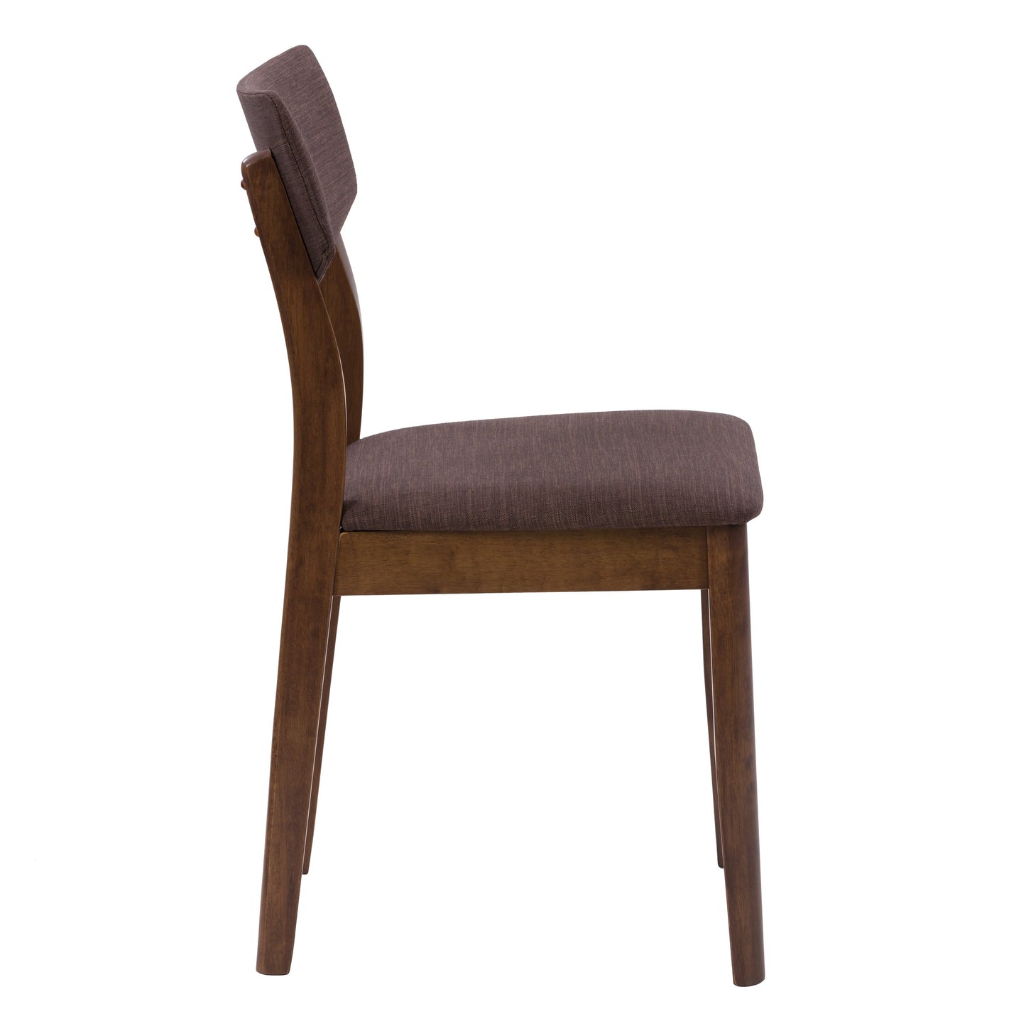 Set of two walnut dining chairs with sleek, curved wooden backs and cushioned seats in beige fabric. The chairs feature sturdy wooden legs and a contemporary design, perfect for modern dining rooms.