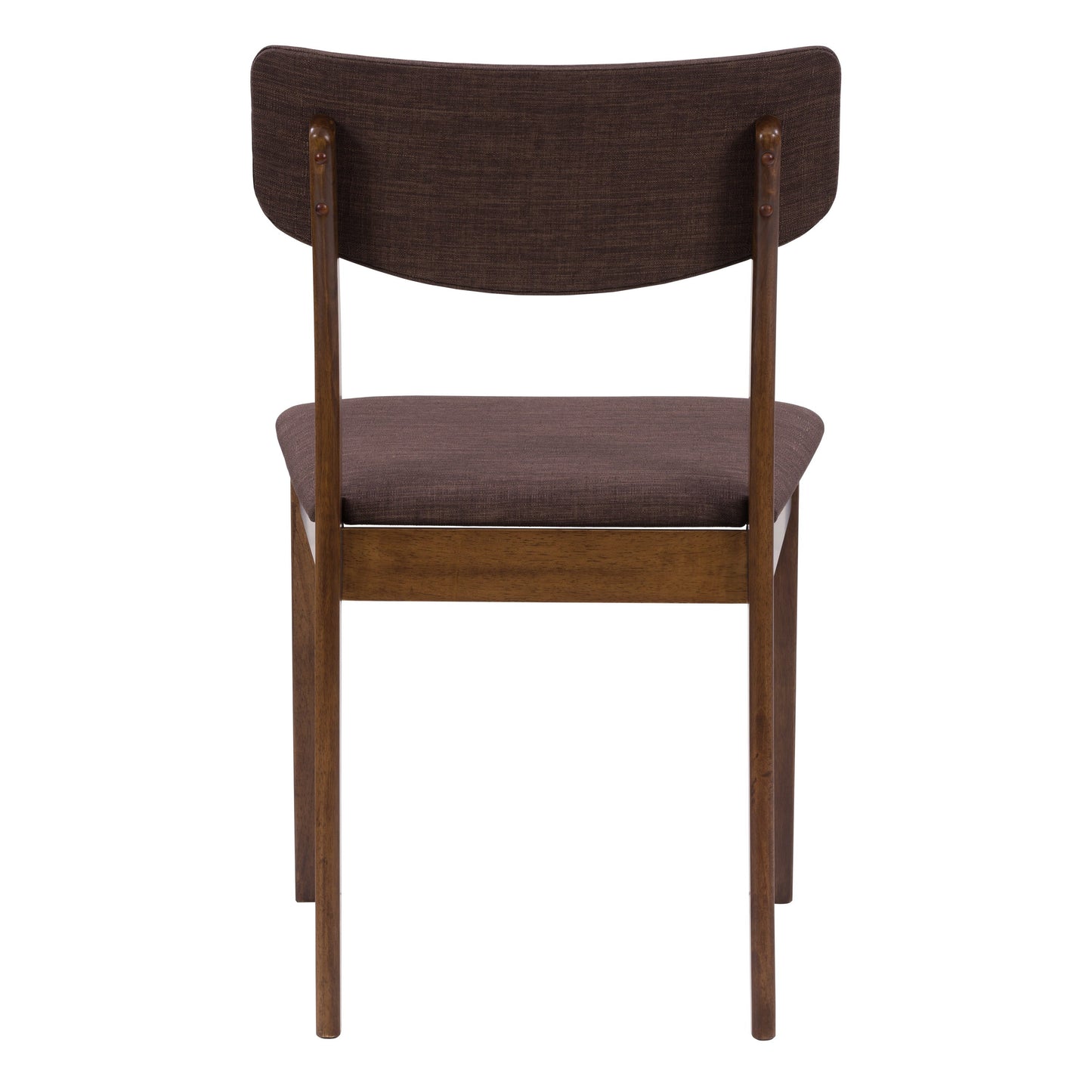 Set of two walnut dining chairs with curved wooden backs, upholstered beige seats, and sleek metal legs, ideal for modern dining rooms.