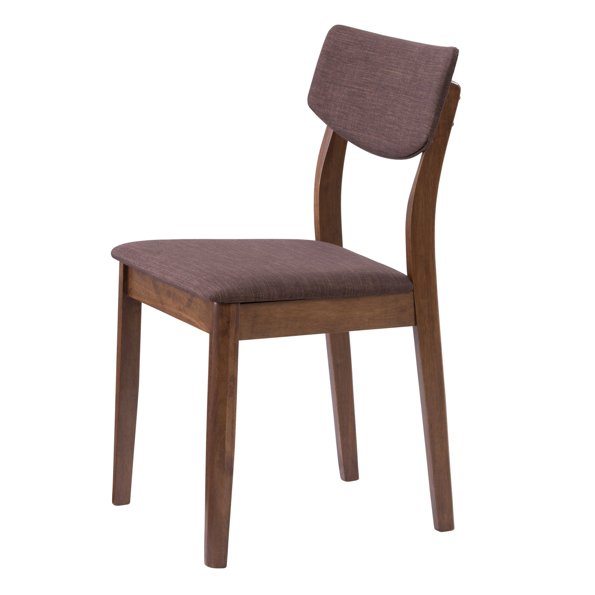 Set of two walnut dining chairs with beige cushioned seats, sleek wooden frames, and curved backrests, perfect for modern dining rooms.