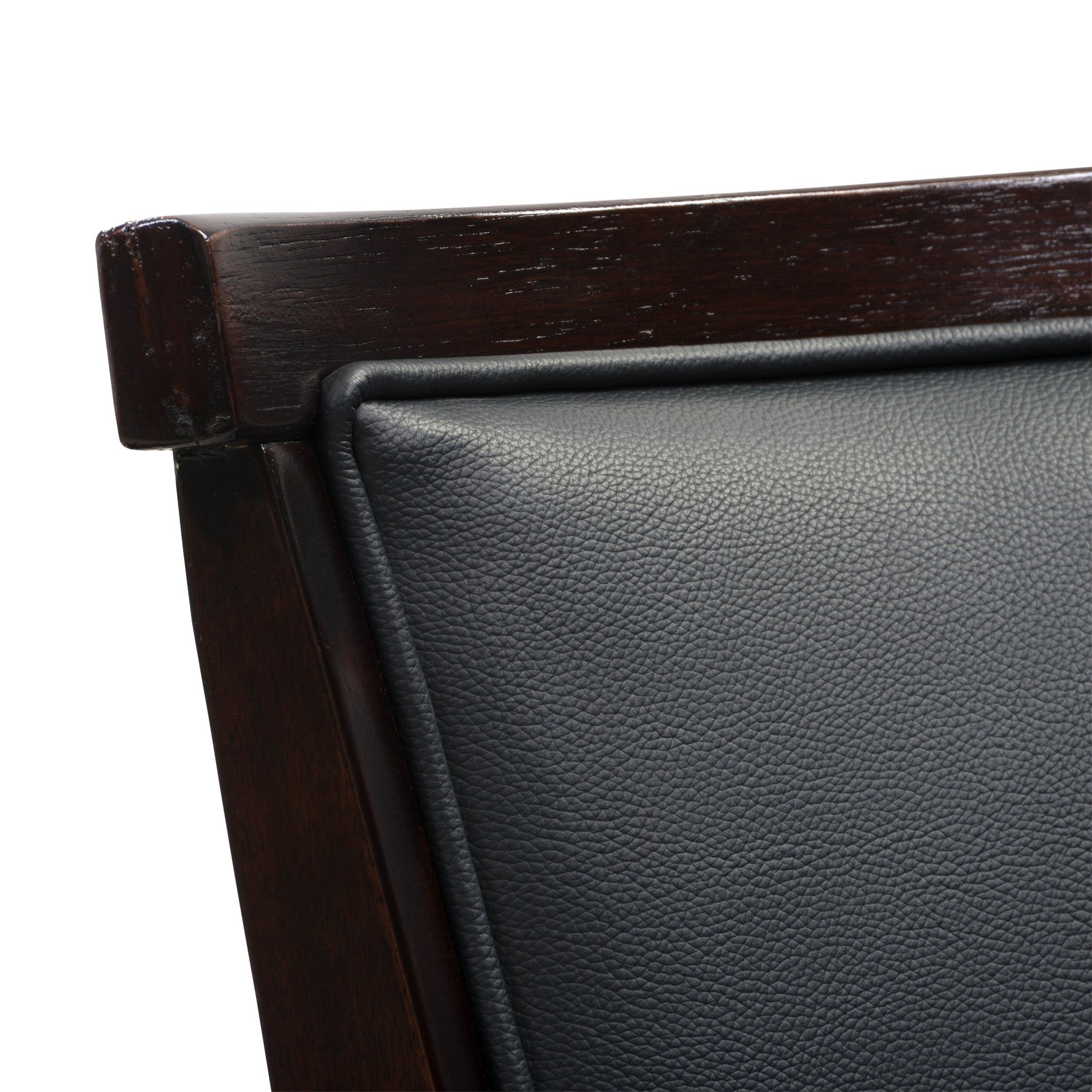 Set of 2 counter height bar stools with black metal frame, dark brown wooden seat, and backrest. Industrial design with footrest and sturdy construction, perfect for kitchen islands or home bars.