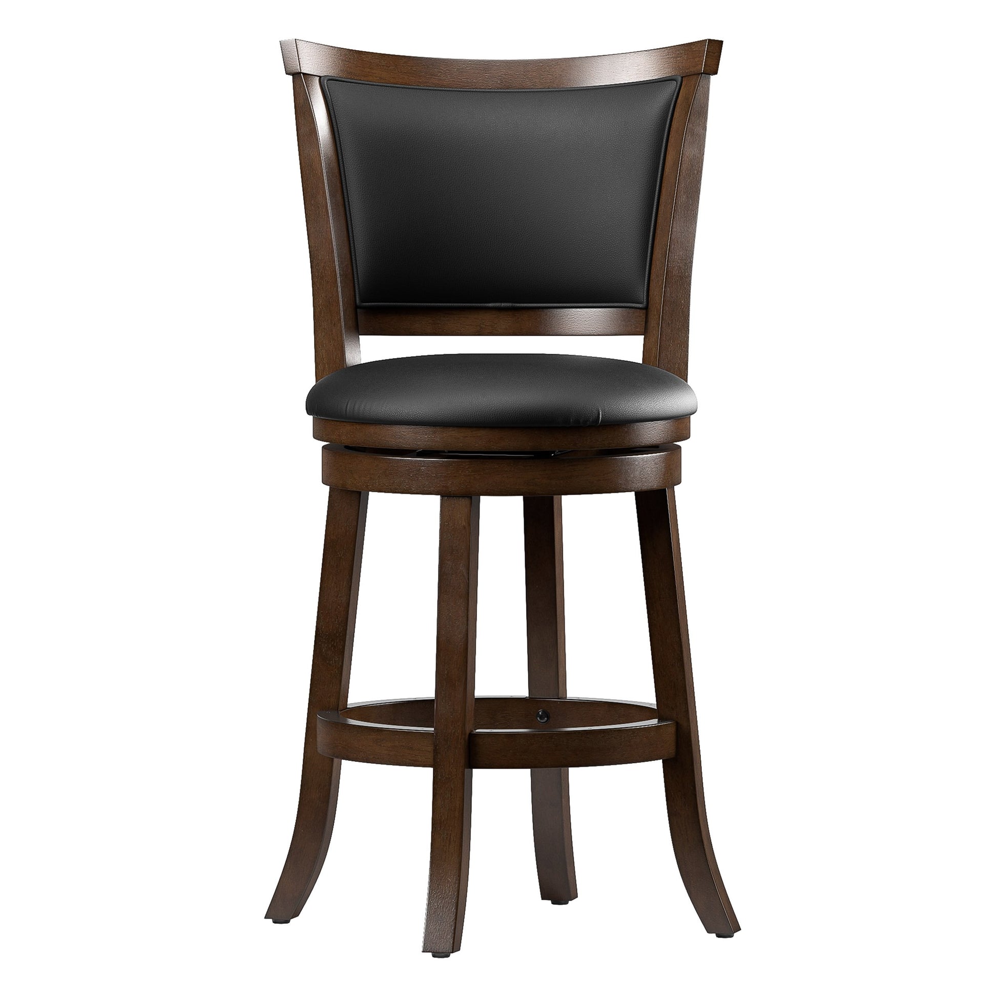 Set of 2 counter height bar stools with sleek black metal frames, cushioned seats in rich brown faux leather, and footrests for added comfort. Ideal for modern kitchens or home bars.