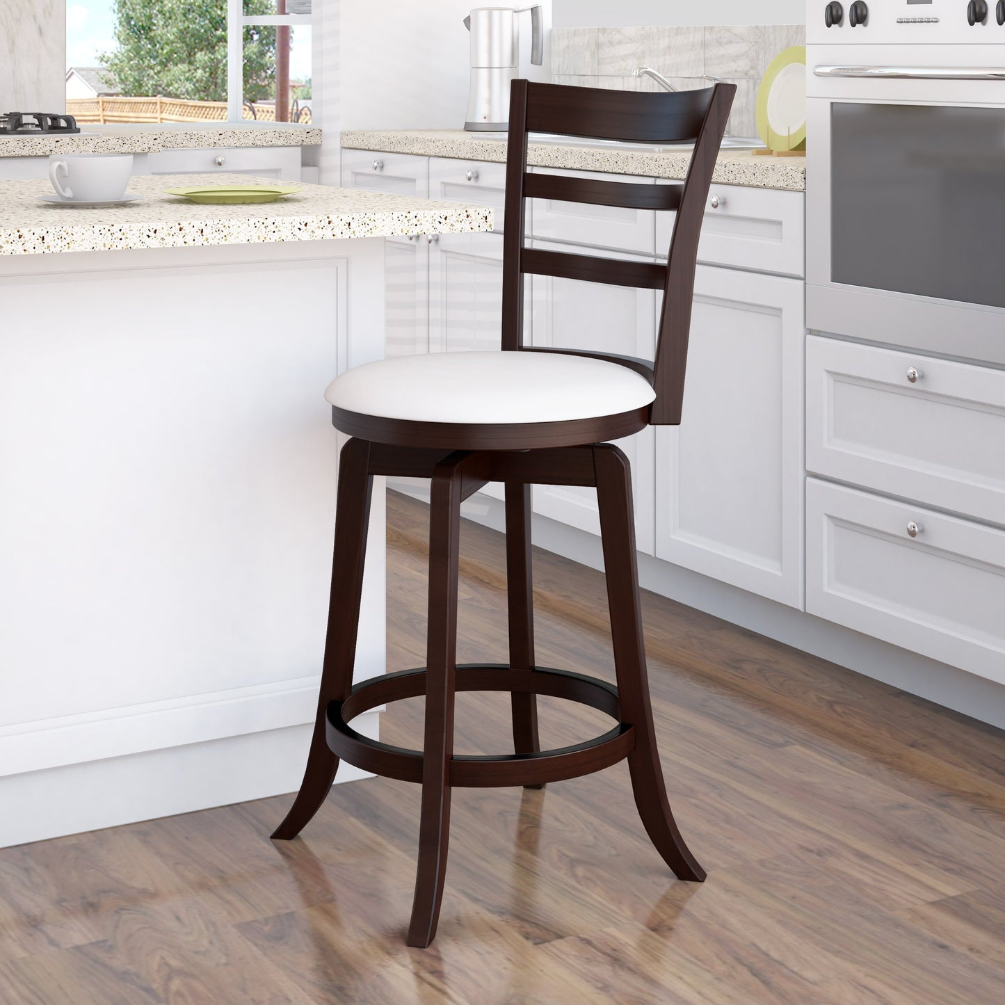 Counter height wood bar stool with natural oak finish, featuring a curved backrest, black metal footrest, and minimalist design. Ideal for modern kitchens or home bars.