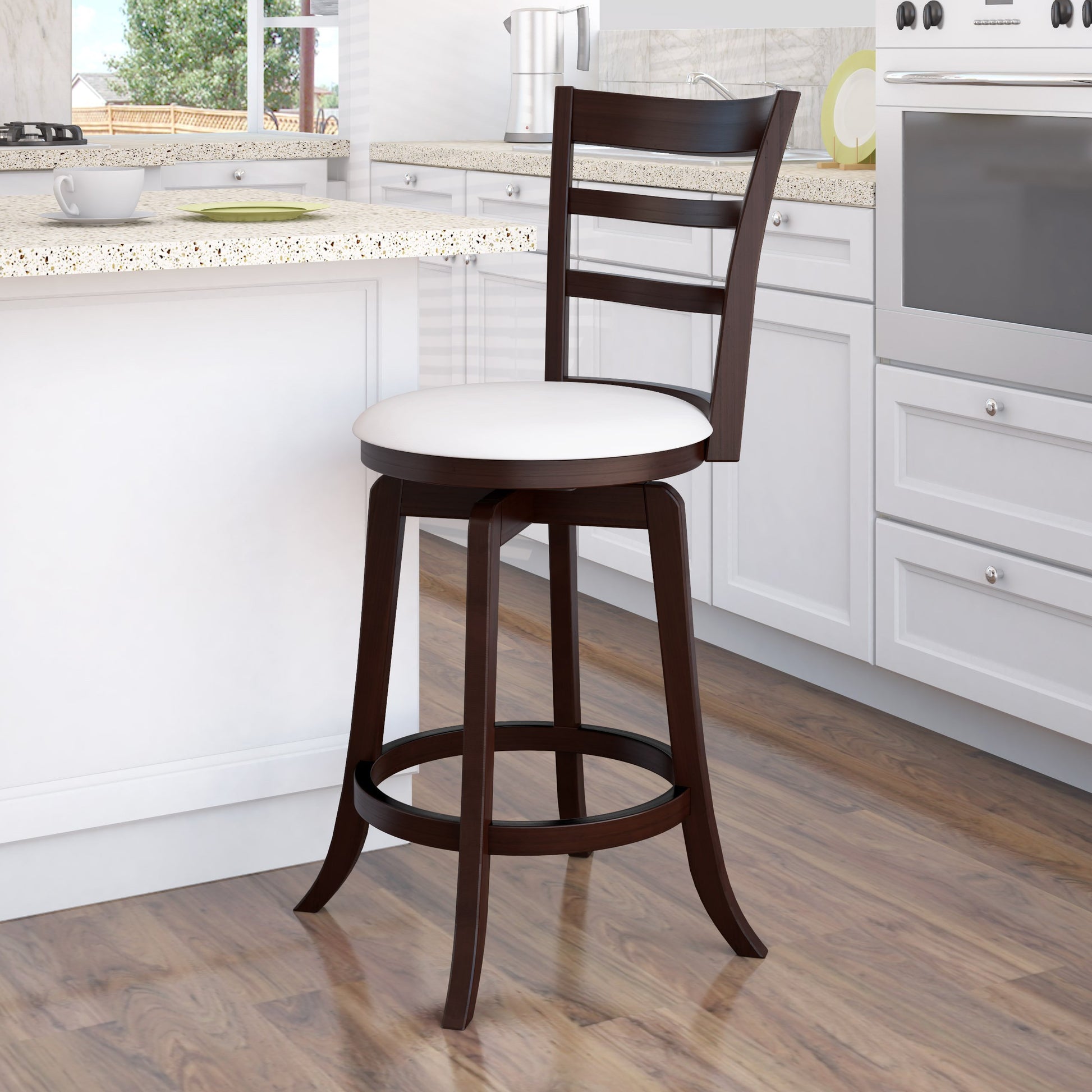 Counter height wood bar stool with natural oak finish, featuring a curved backrest, black metal footrest, and minimalist design. Ideal for modern kitchens or home bars.