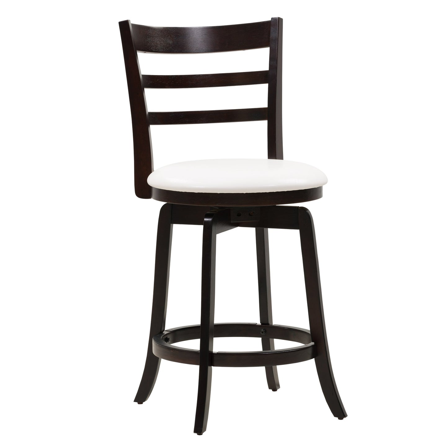 Modern wood bar stool with beige cushioned seat, dark brown legs, and footrest, counter height, made from high-quality wood, perfect for kitchen islands or home bars.