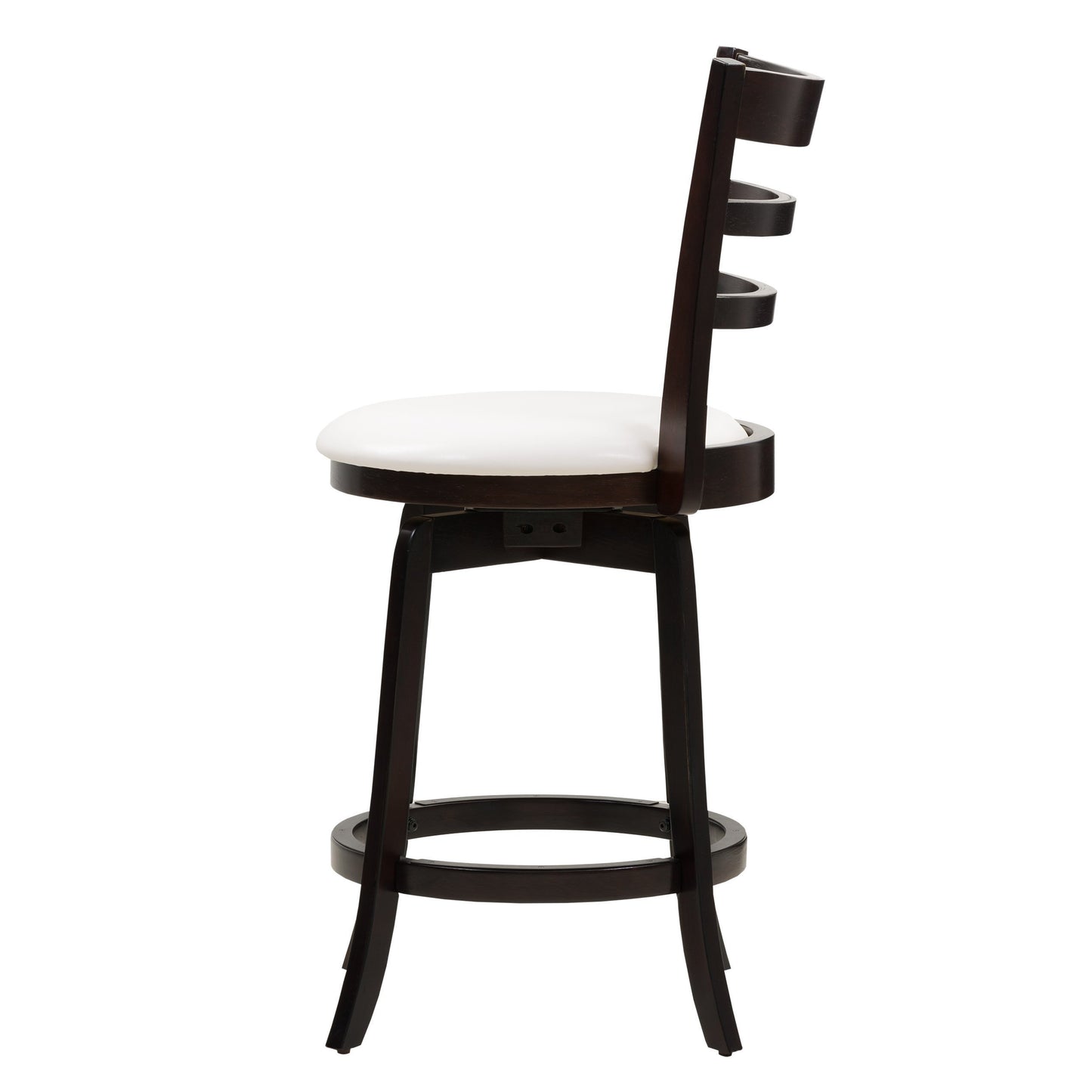 Counter height wood bar stool with natural finish, featuring a curved seat and backrest, supported by black metal legs with a footrest. Ideal for modern and rustic kitchen or bar settings.