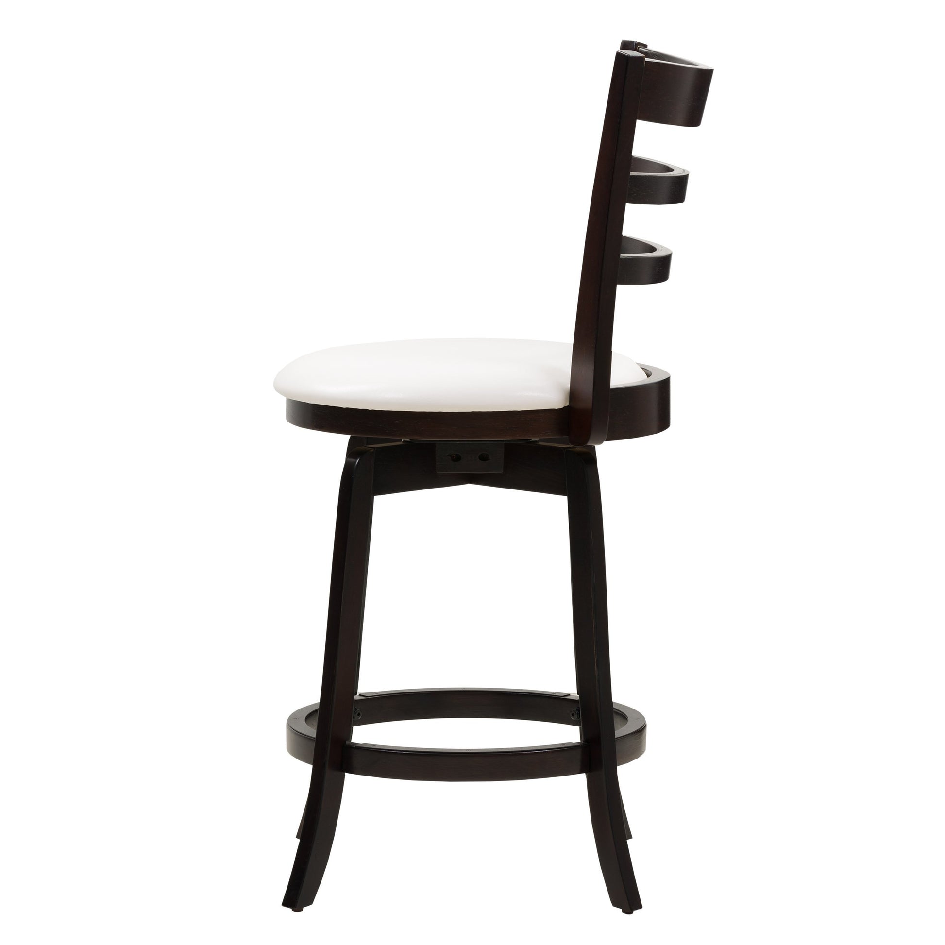 Counter height wood bar stool with natural finish, featuring a curved seat and backrest, supported by black metal legs with a footrest. Ideal for modern and rustic kitchen or bar settings.