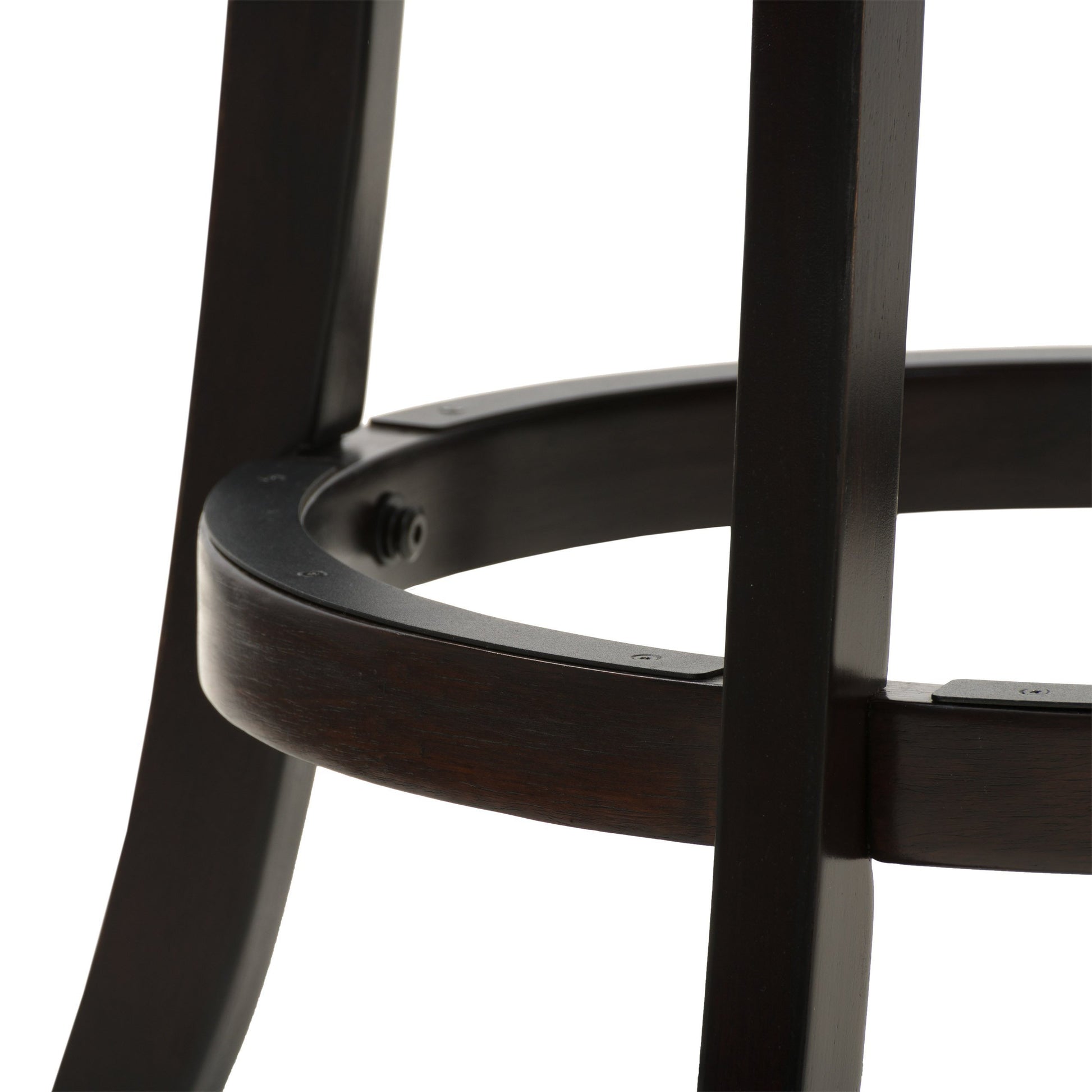 Wood bar stool with a dark walnut finish, featuring a curved backrest, cushioned seat in cream fabric, and sleek metal footrest for added comfort and style. Ideal for modern kitchen or bar settings.