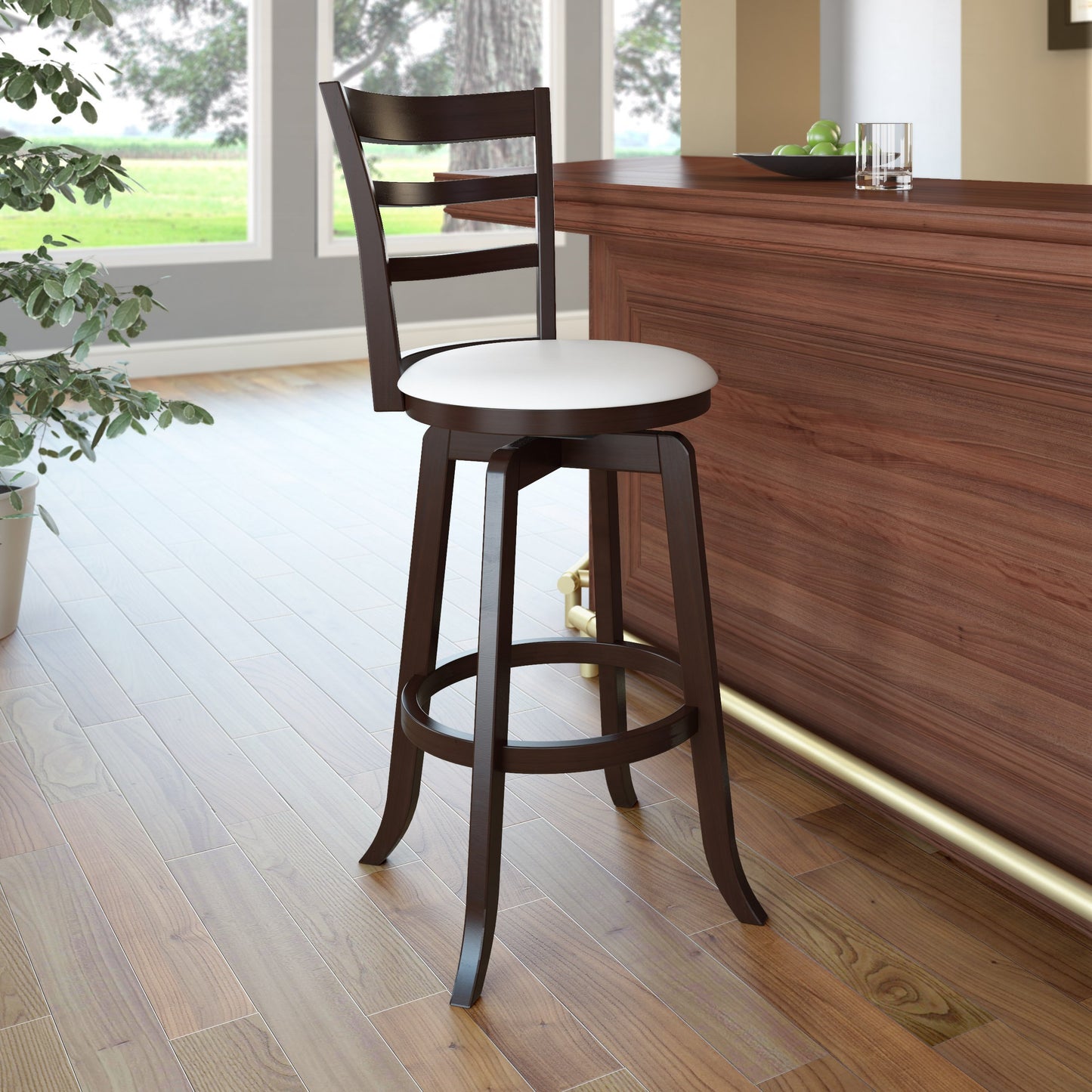 Bar stool with natural wood seat and black metal legs, featuring a minimalist design. Perfect for modern kitchens or bars, this stool combines rustic wood texture with industrial metal for a stylish look.
