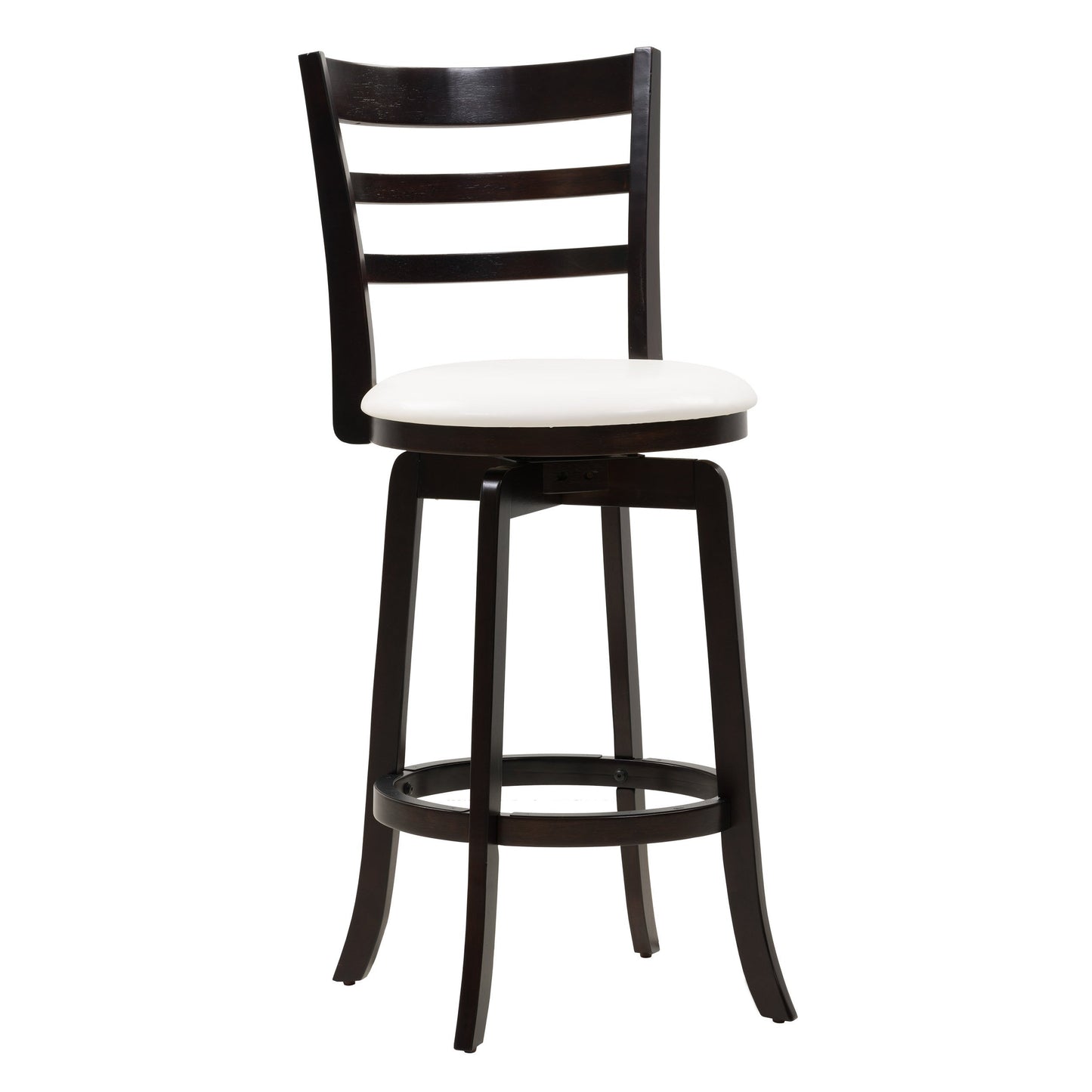 Bar height wood bar stool with natural oak finish, featuring a curved backrest, sturdy legs, and a comfortable cushioned seat in beige fabric. Ideal for kitchen islands, home bars, and contemporary dining spaces.