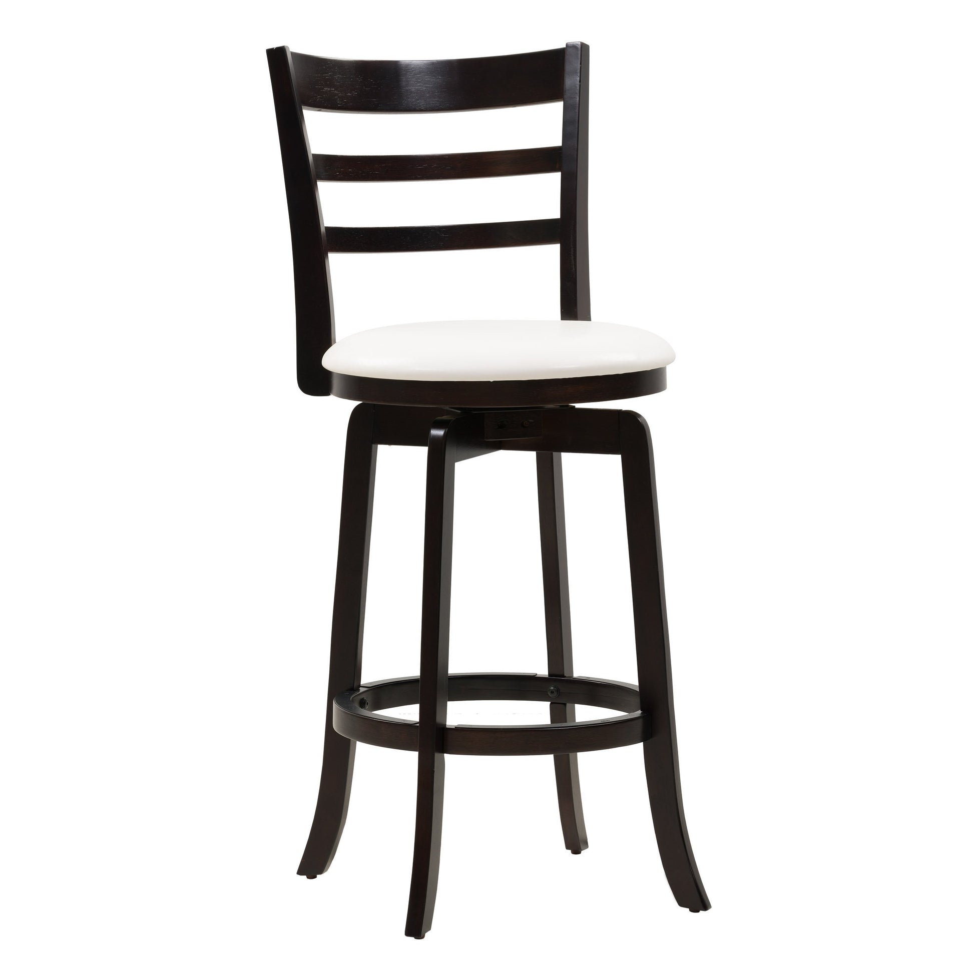 Bar height wood bar stool with natural oak finish, featuring a curved backrest, sturdy legs, and a comfortable cushioned seat in beige fabric. Ideal for kitchen islands, home bars, and contemporary dining spaces.