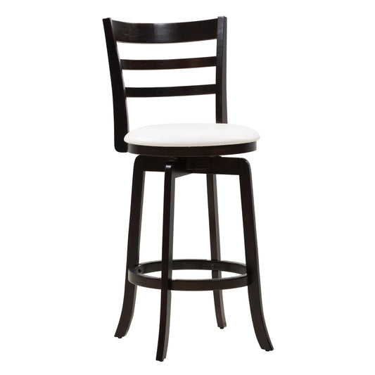Bar height wood bar stool with natural oak finish, featuring a curved backrest, sturdy legs, and a comfortable cushioned seat in beige fabric. Ideal for kitchen islands, home bars, and contemporary dining spaces.