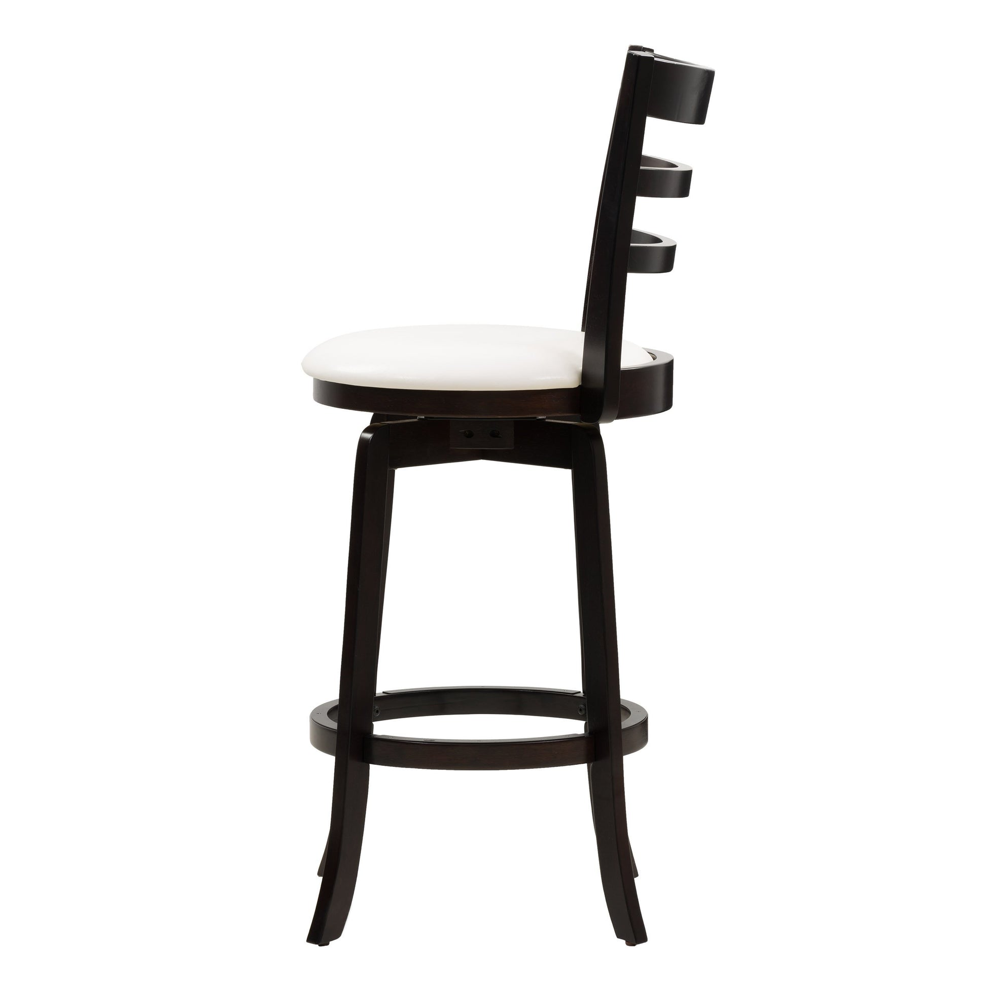 Modern wood bar stool with a curved backrest, dark walnut finish, and black metal legs. Ideal for bar height counters, featuring a sleek design and comfortable padded seat.