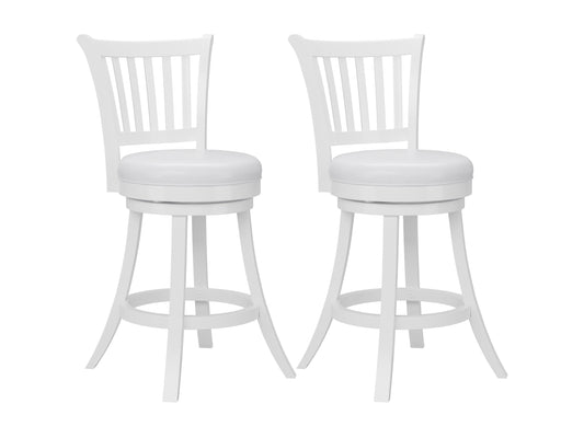 White bar stools set of 2 with cushioned seats, sleek chrome legs, and footrests; modern design perfect for kitchen islands or home bars.