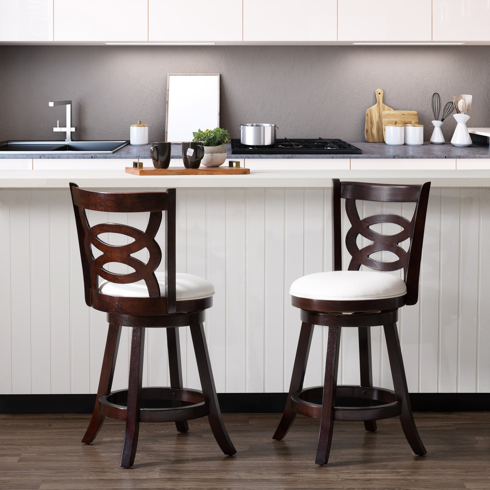 Modern wood bar stools, counter height, featuring natural wood seats, black metal frames, and footrests, perfect for kitchen islands or home bars.