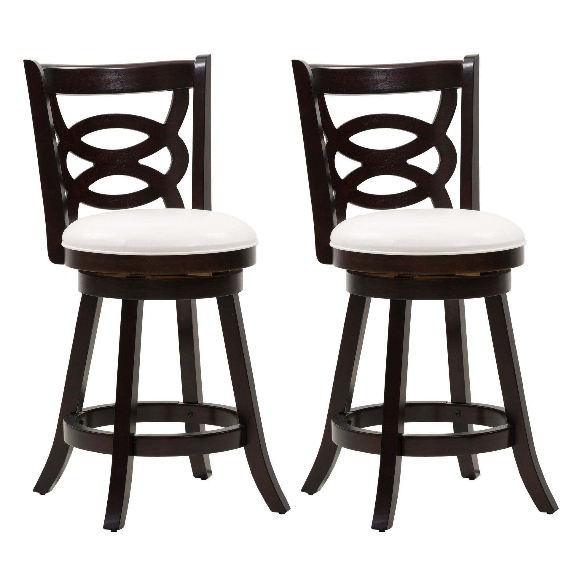 Wooden bar stool with dark walnut finish, featuring a curved backrest, padded beige seat, and sturdy wooden legs. Ideal for kitchen counters and home bars.