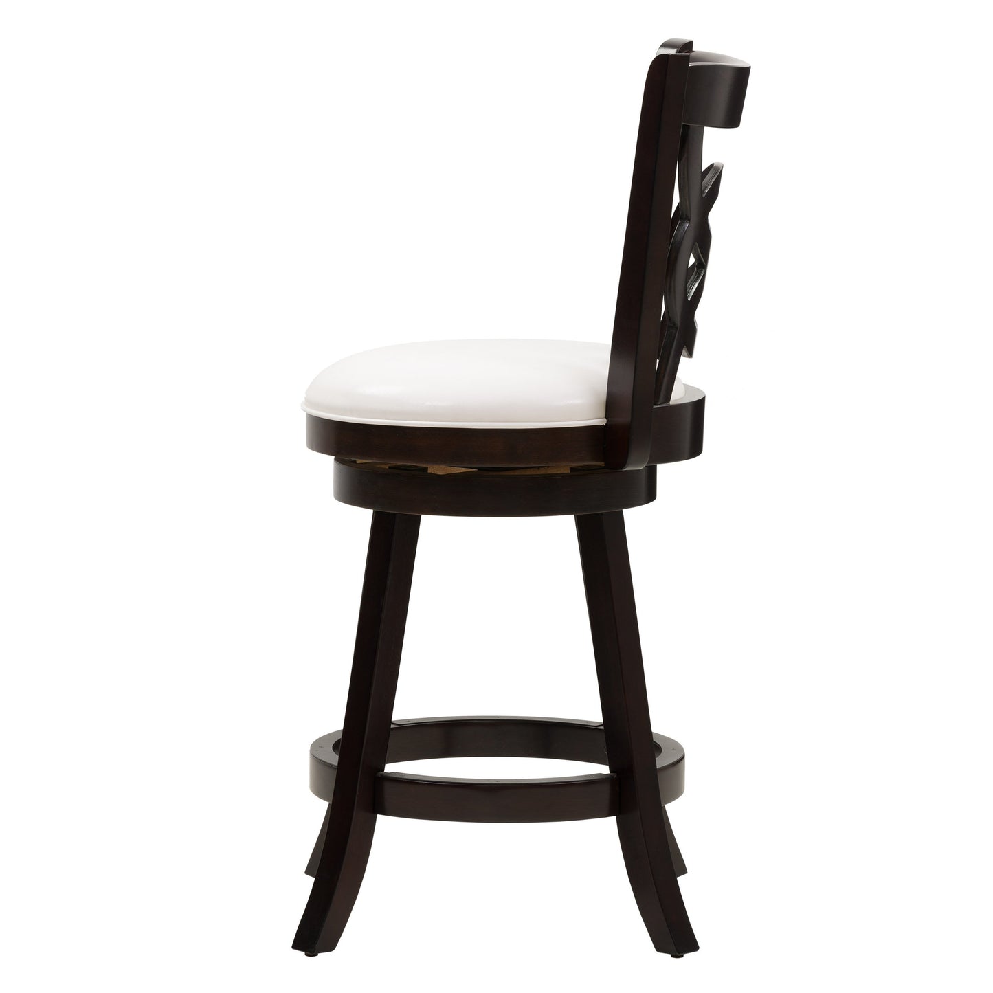 Modern wood bar stool with dark walnut finish, black metal footrest, and cushioned seat. Counter height design with sleek lines and sturdy construction, perfect for contemporary kitchens and home bars.