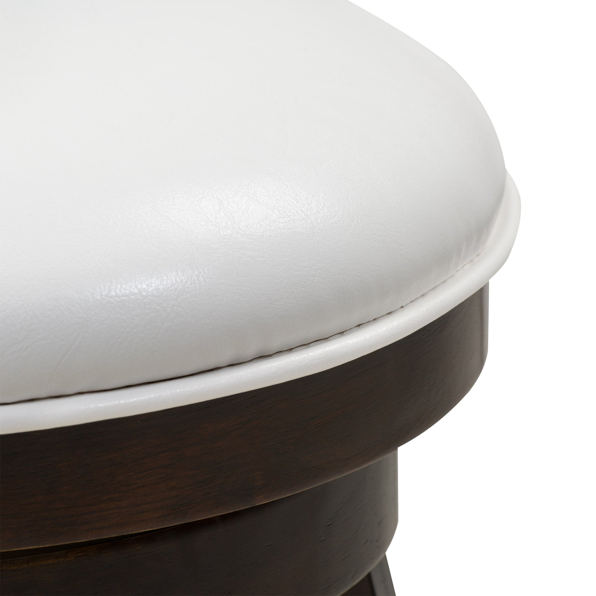 Set of 2 counter height bar stools with dark wooden legs, black cushioned seats, and backrests featuring stitched detailing, perfect for modern kitchens or home bars.