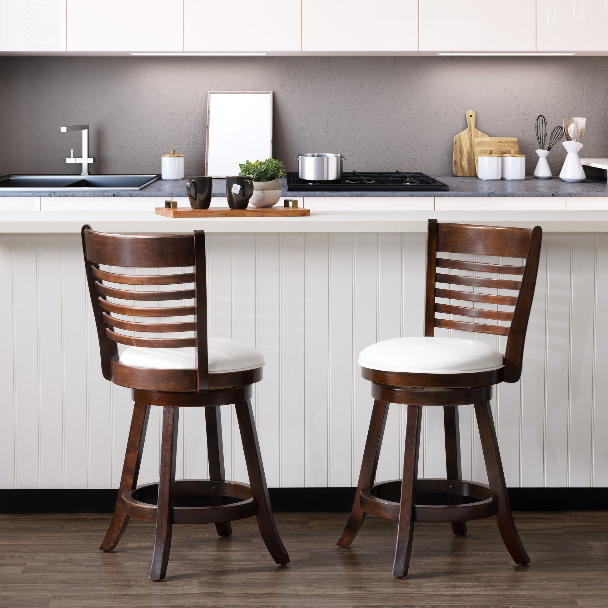 Counter height bar stools set of 2 with black metal frame, dark walnut wooden seat, and backrest, featuring a sleek, minimalist design perfect for modern kitchens or home bars.