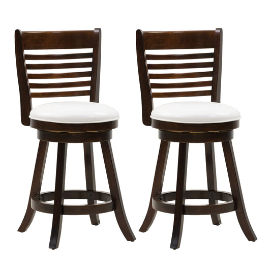 Set of 2 counter height bar stools with dark wood seats, black metal frames, and footrests; modern industrial design perfect for kitchen islands or home bars.